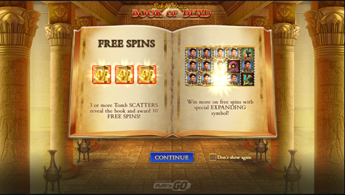 The opening screen of the Book of Dead slot game