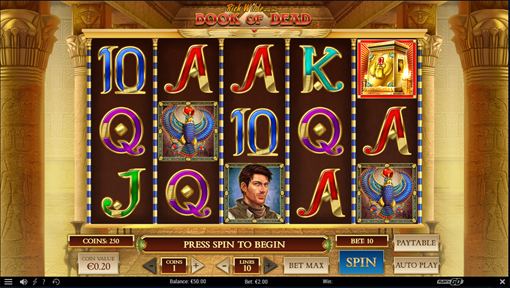 The main screen of the Book of Dead slot game
