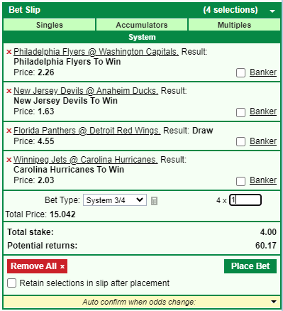A bet slip showing NHL matches in a system bet