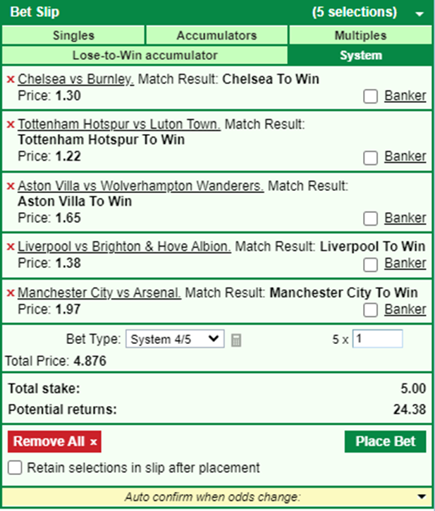 A bet slip showing a system bet