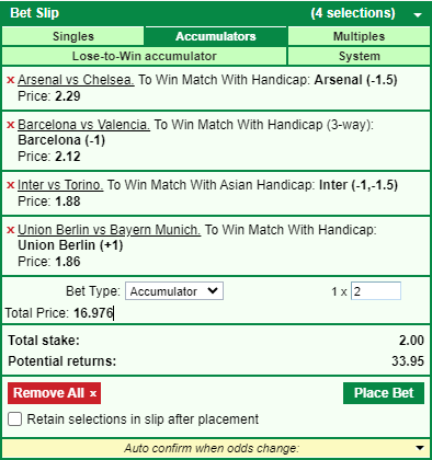 A bet slip showing selections with different handicaps