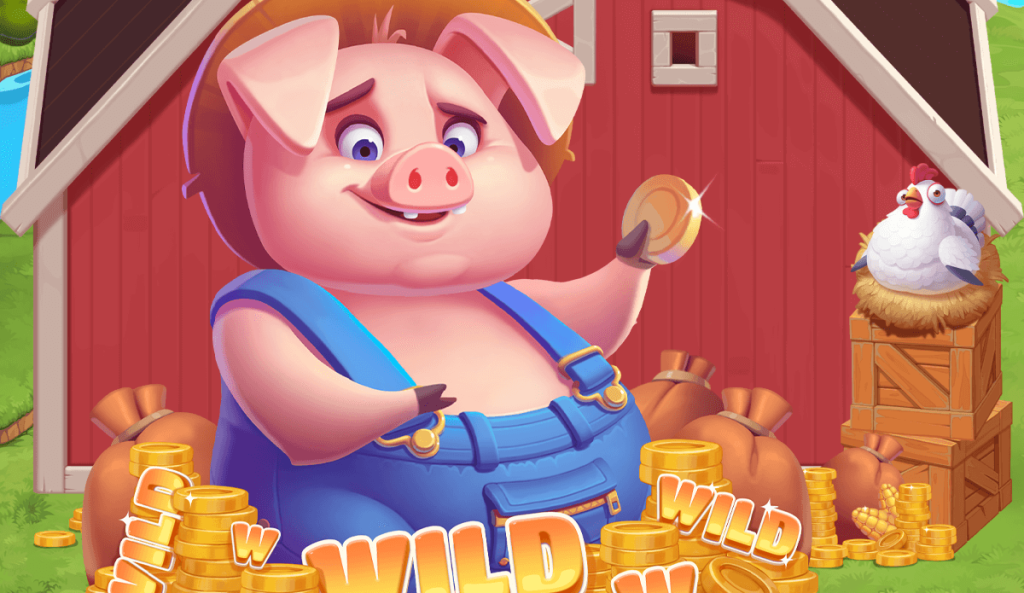 Атмосфера слот-игры Oink Farm 2™. Поросенок и курица на ферме